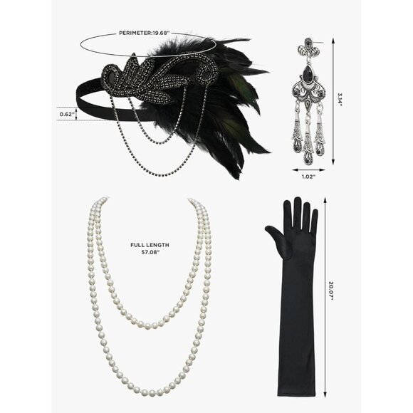 1920s Flapper Accessories Set Vintage Headband Earrings Pearl Necklace Gloves main image 6